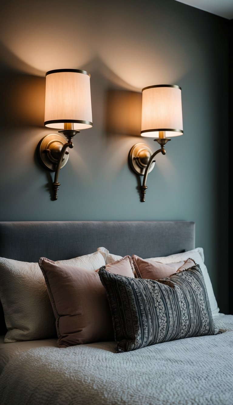 Two bronze wall sconces illuminate a dark, feminine bedroom