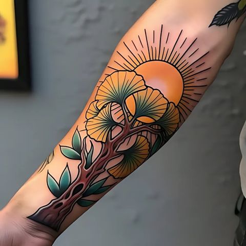 Ginkgo and Sun Tattoo
