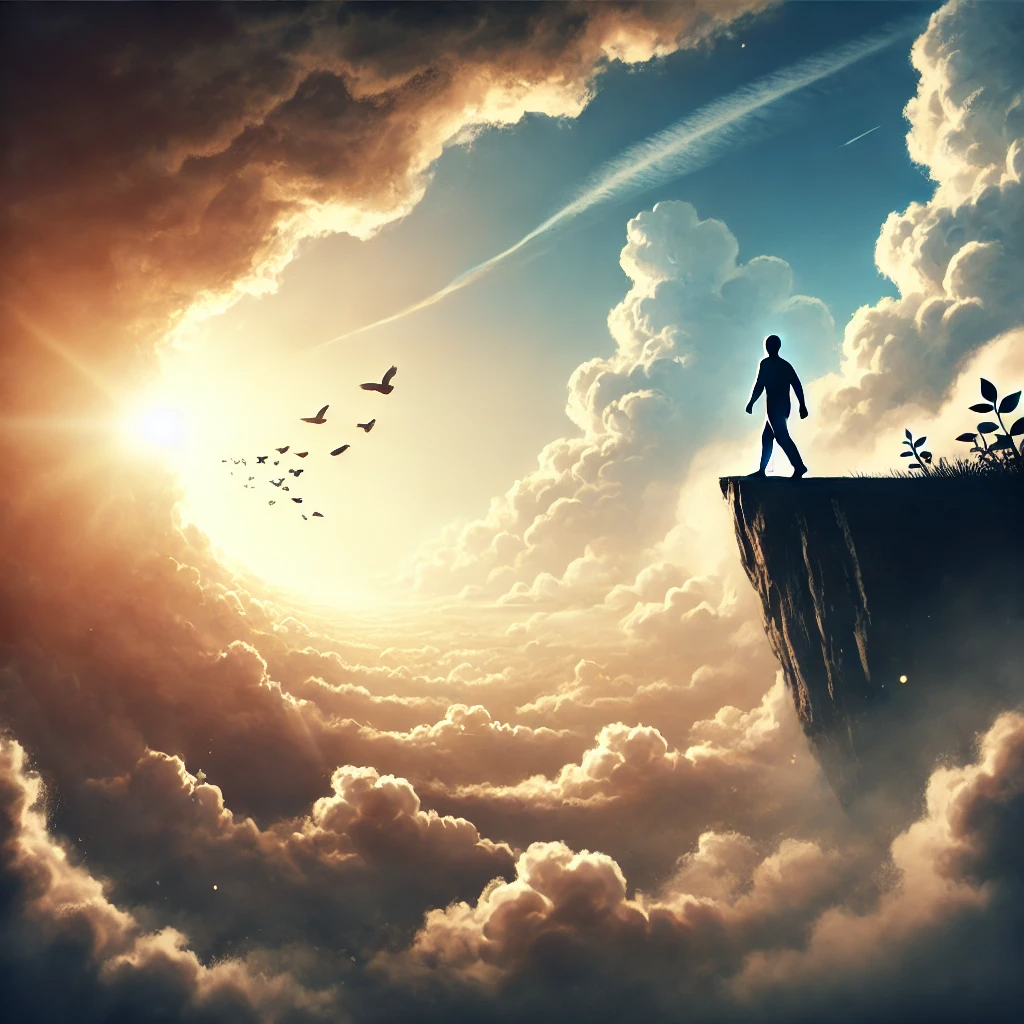 A symbolic image of a person standing at the edge of a cliff, facing a wide open sky with soft clouds and sunlight breaking through. The scene transitions from darkness below to light above, representing moving away from fear into growth. The person takes a confident step forward, while birds fly in the distance, symbolizing freedom and embracing change. The overall image evokes courage, transformation, and personal growth.