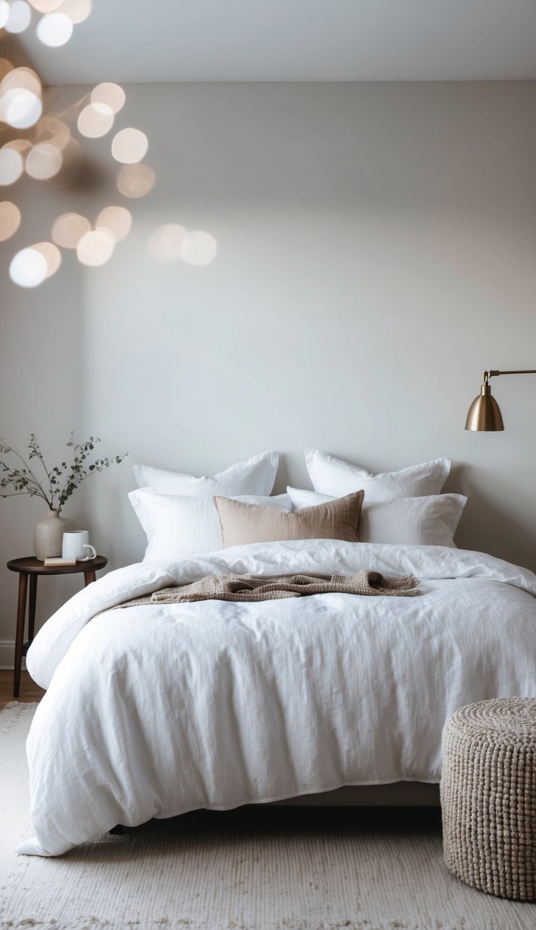 A serene bedroom with white linen bedding, clean lines, and minimal decor