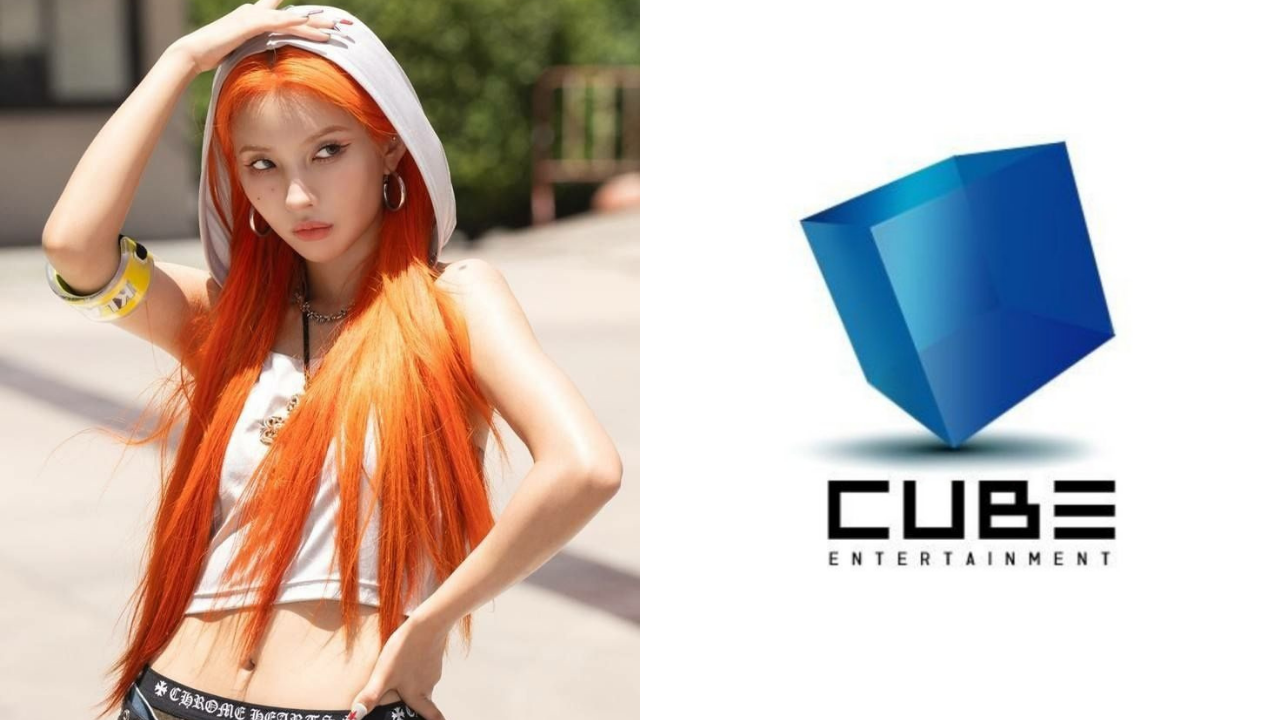 A picture of Soyeon from (G)I-DLE and a logo of Cube Entertainment