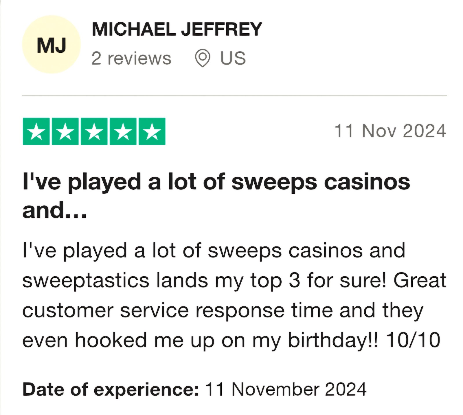 Trustpilot review of Sweeptastic casino