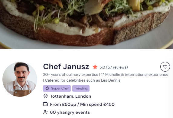 Chef Janusz as one of the top 20 chefs in UK