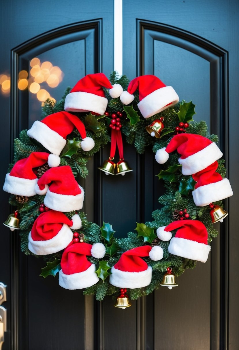 A festive wreath made of Santa hats and adorned with holly and jingle bells hangs on a front door