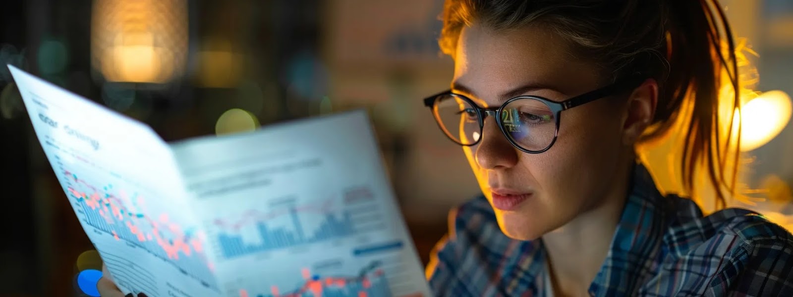 a person reading a financial newsletter with a serious expression, surrounded by charts and graphs on a computer screen, highlighting the importance of staying informed on policy changes and market trends.