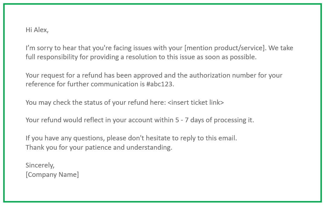 Screenshot of sample response email to angry customer