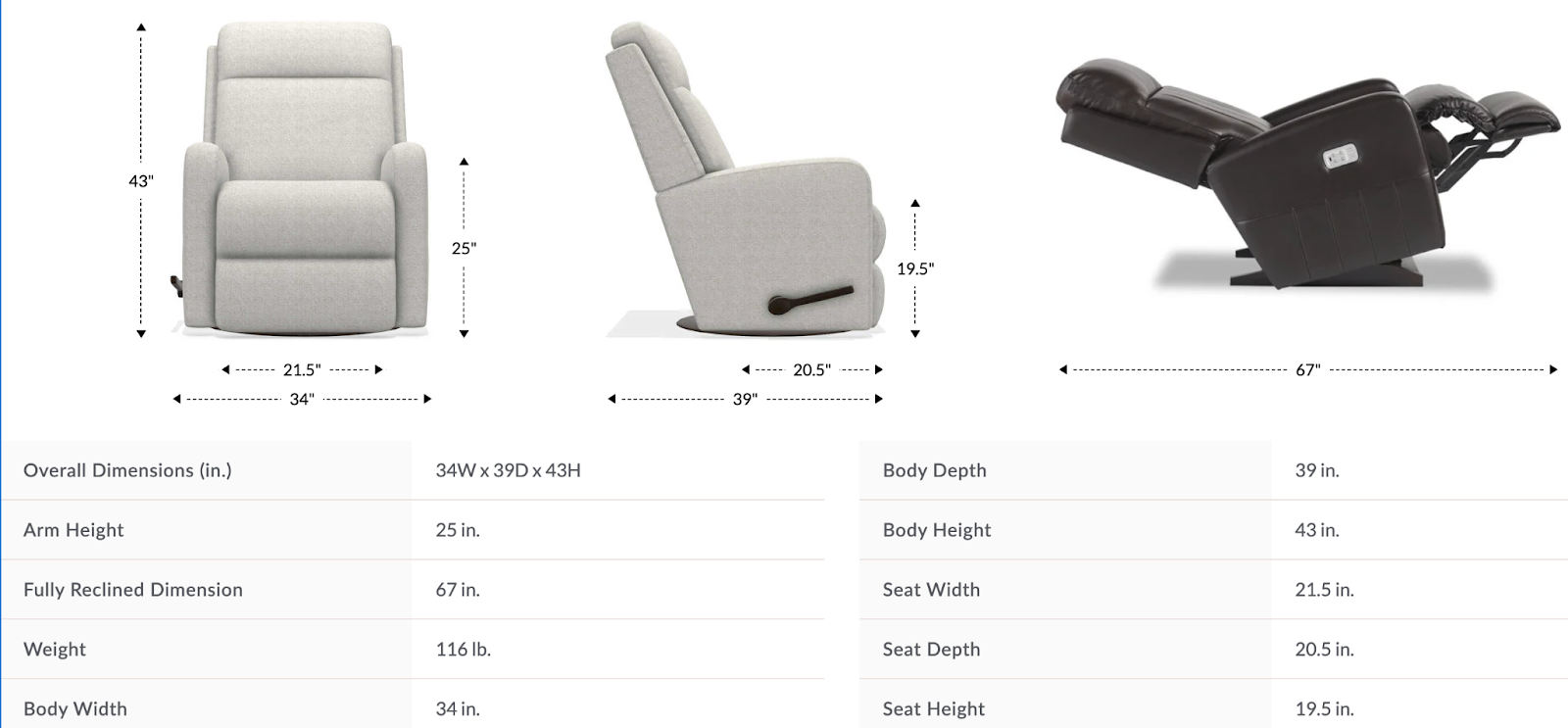 finley gliding recliner dimensions