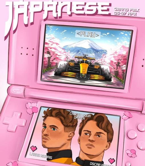 A pink video game console with two men and a car

Description automatically generated
