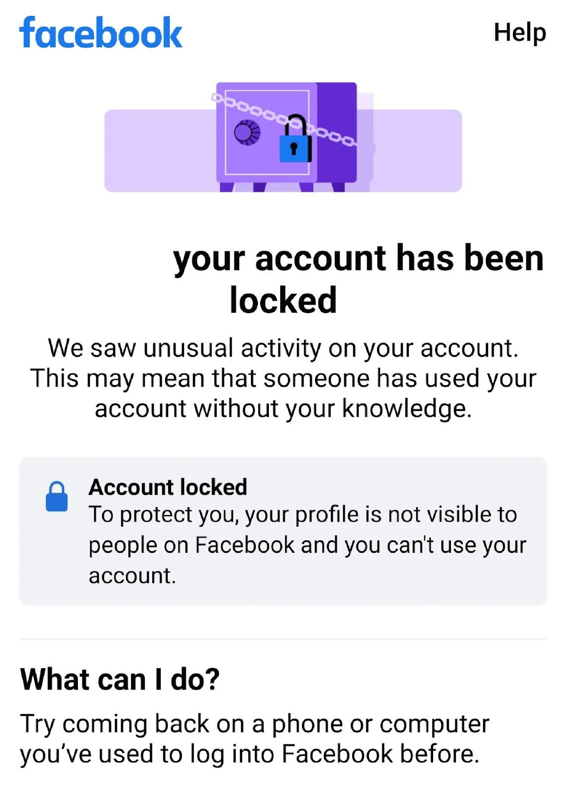 Facebook account disabled noticed