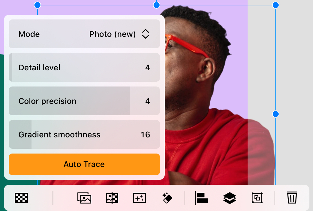 Auto Trace tool options in Linearity Curve app, showing settings for mode, detail level, color precision, and gradient smoothness.