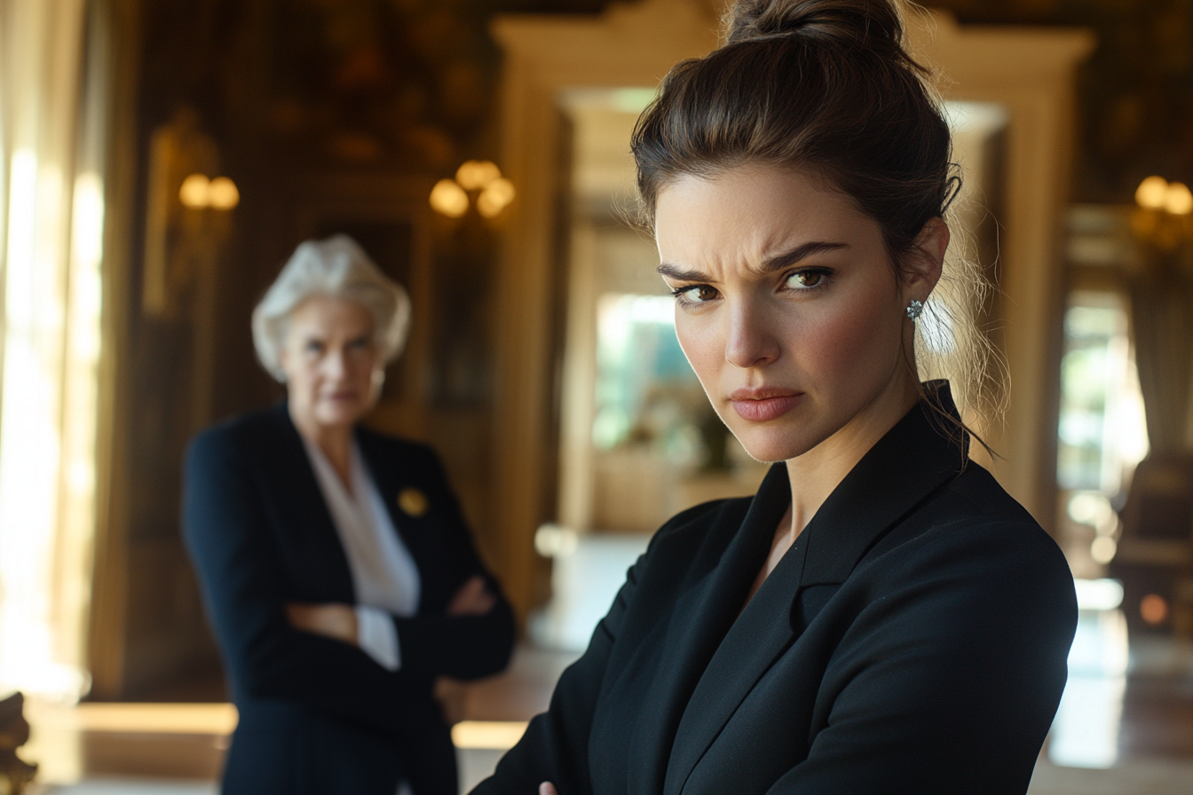 Woman in her 30s looking upset while her mother stands in the background with her arms crossed in an expensive foyer | Source: Midjourney