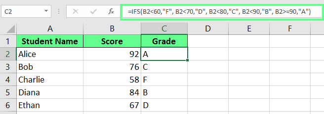 Atribua notas aos alunos usando IFS() no Excel.