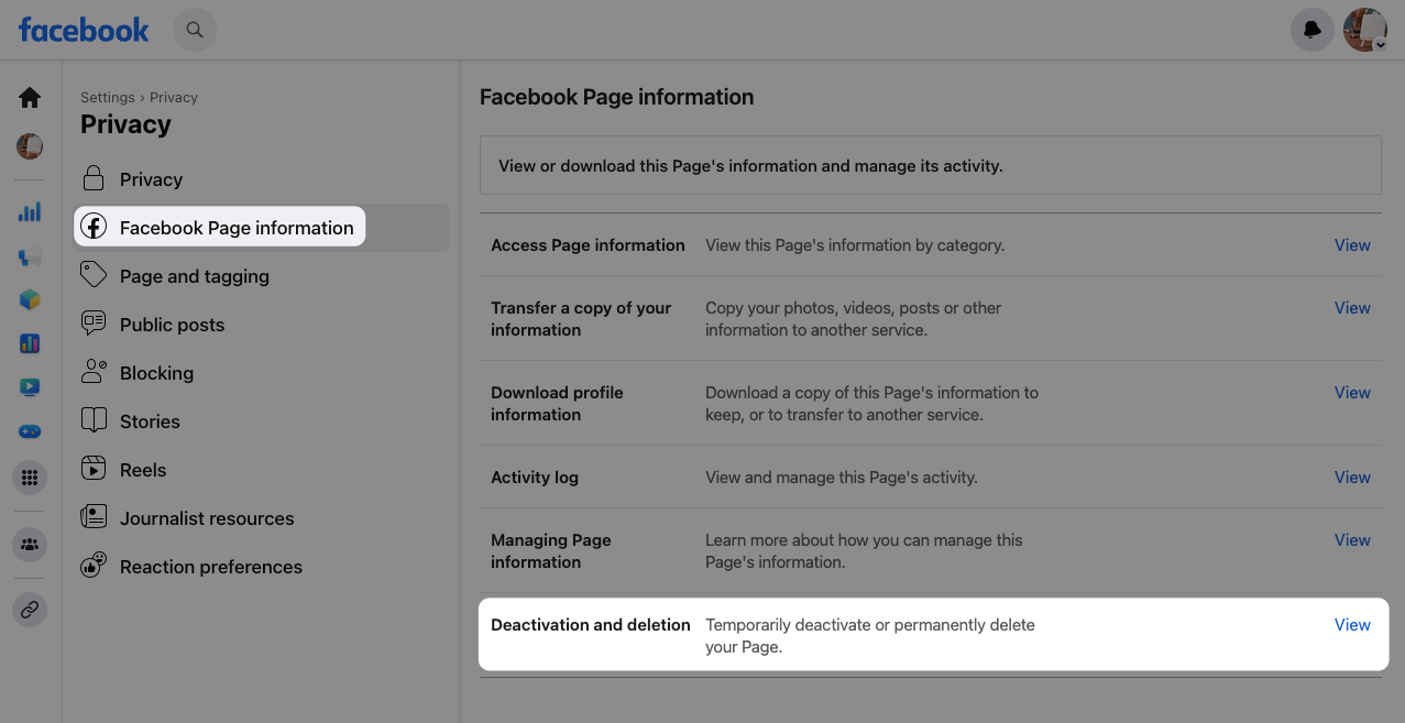 Facebook business Page settings page, with Facebook Page information and the deactivation/deletion options highlighted