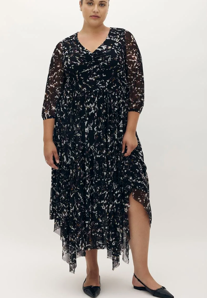 Mesh Printed Midi Dress with Asymmetrical Hem - Addition Elle