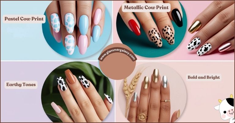 Four sets of hands with differently styled nails, labeled pastel, metallic, earthy tones, and bold and bright.