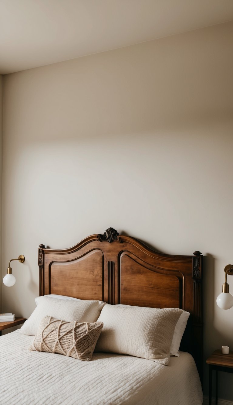 A vintage wooden headboard against a neutral wall in a cozy guest bedroom with warm lighting and minimal decor