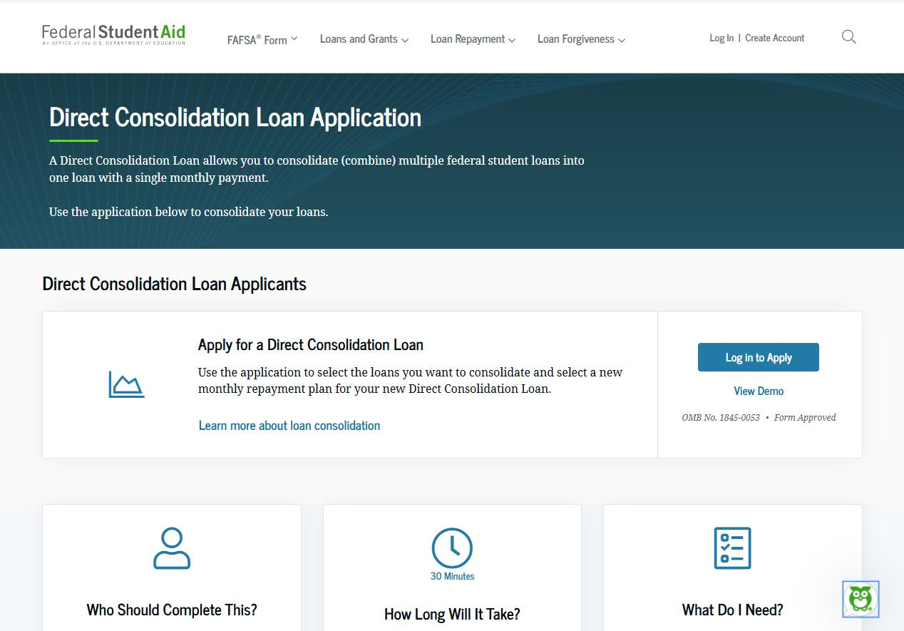 A screenshot of studentaid.gov indicating where to apply for a direct consolidation loan