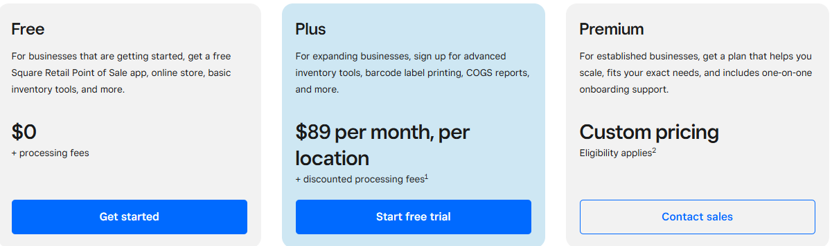 Square POS’ pricing page 