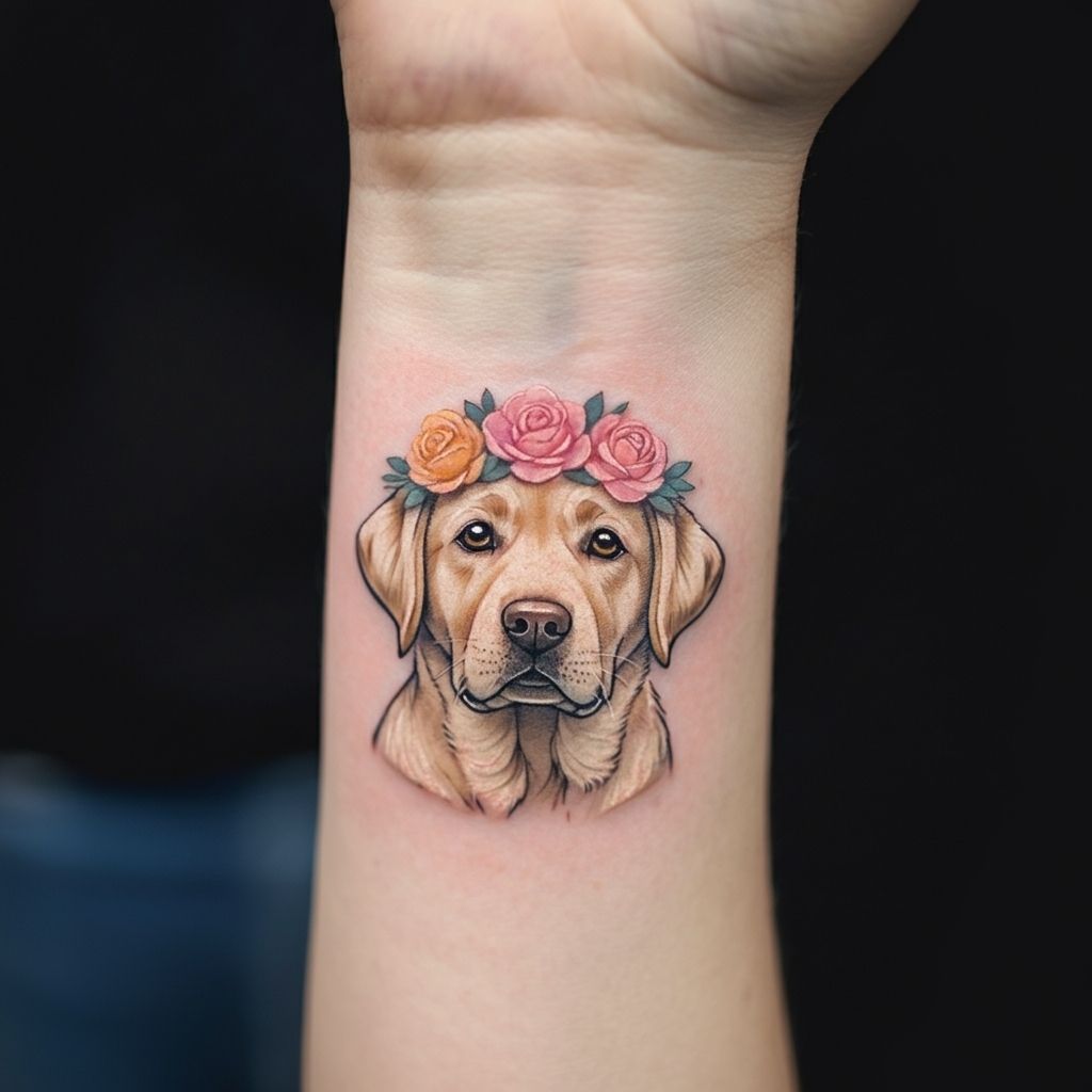 Labrador with a Flower Crown Tattoo