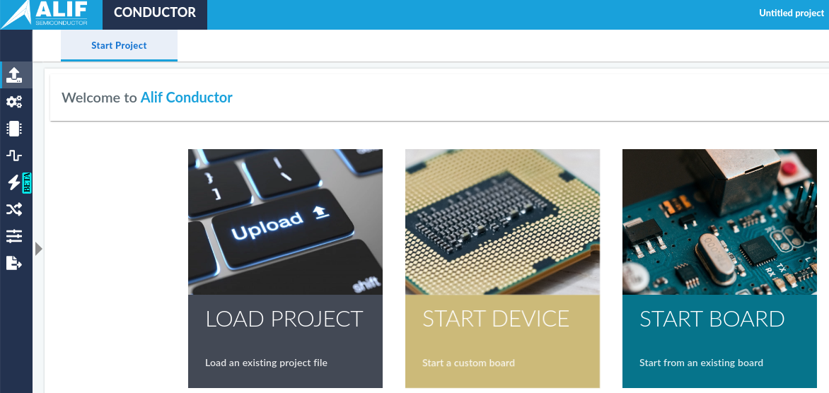 homepage for Alif semiconductor's conductor tool. options for set up include load project, start device, start board
