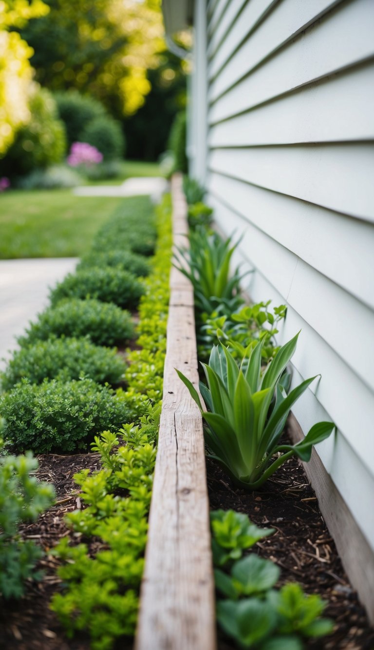 A rustic, weathered wood border frames a lush garden along the side of a house, adding a touch of natural charm to the landscape