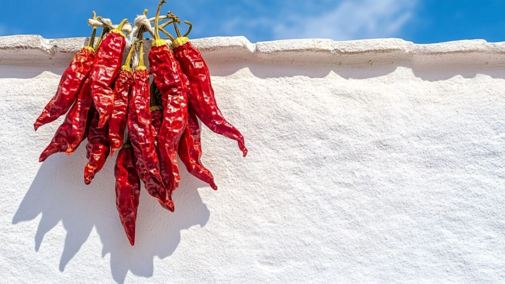 Drying Espelette peppers hanging on a farmhouse wall