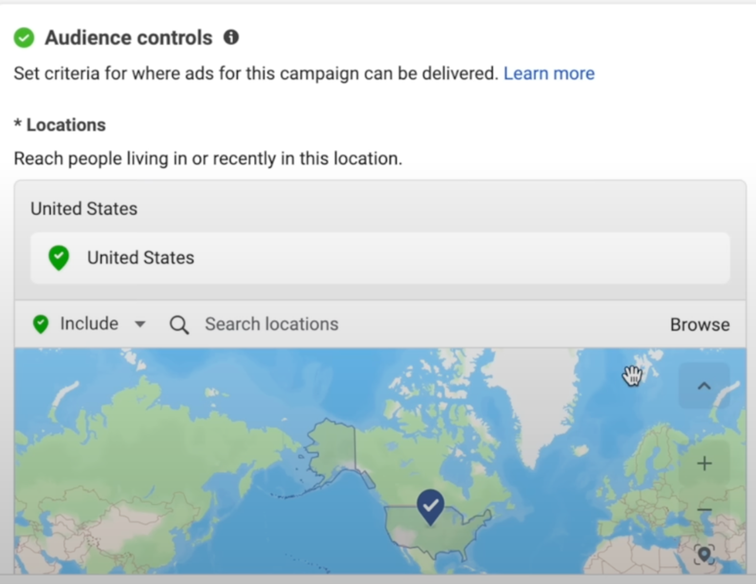 Audience controls and a map showing regions of the world