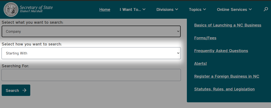 A screenshot of the business search function on the NC Secretary of State’s website. The search parameter box is highlighted and the selected option is Starts With.