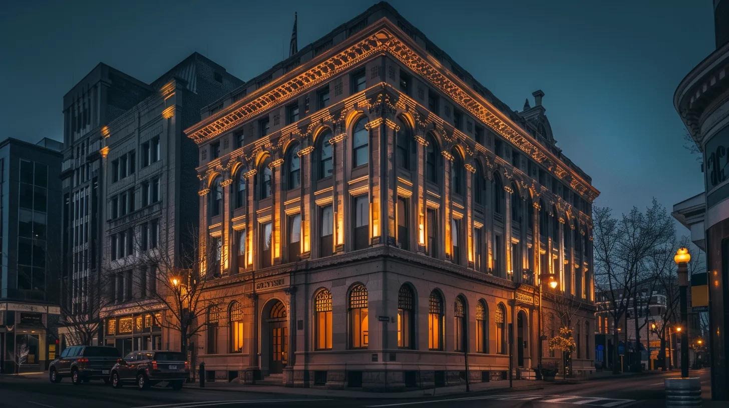 a meticulously restored historic building stands prominently in an urban setting, showcasing its authentic architectural details and rich heritage, illuminated by warm ambient lighting that highlights its timeless character.