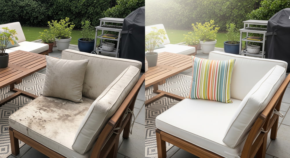 comparison of dirty outdoor cushions next to clean cushions