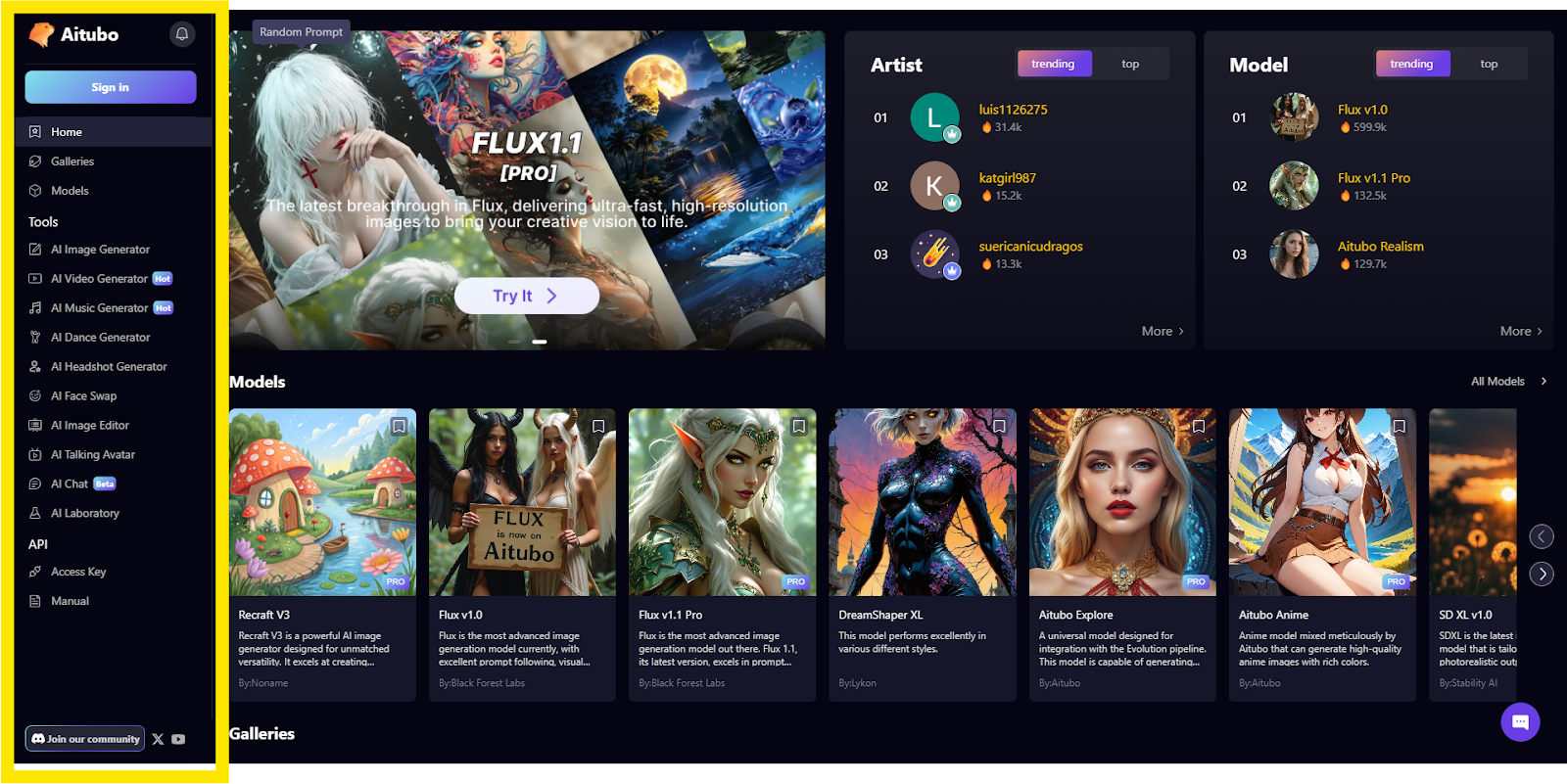Left navigation bar of Aitubo platform featuring AI tools like image generator, editor, and chatbot.