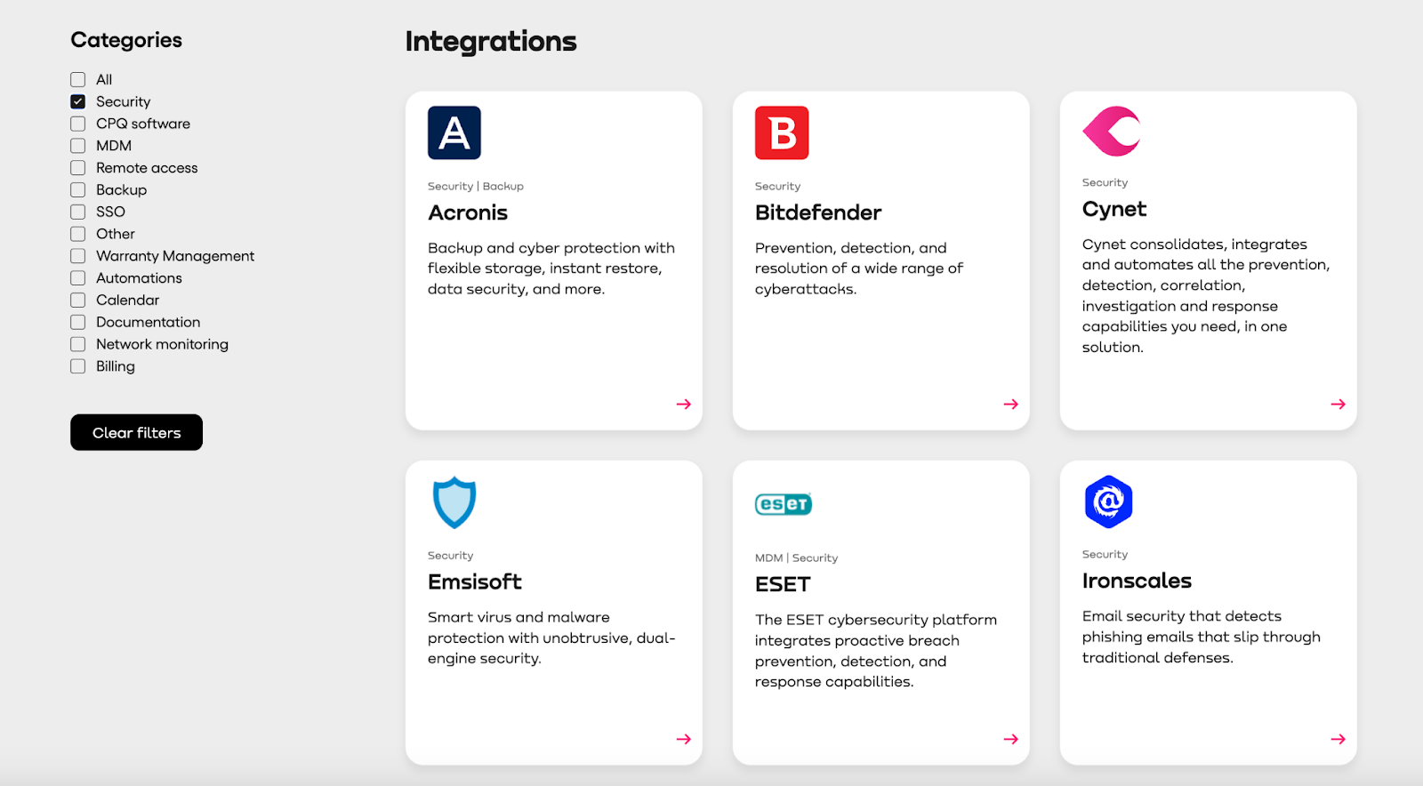 Screenshot of the Atera security integrations. 
