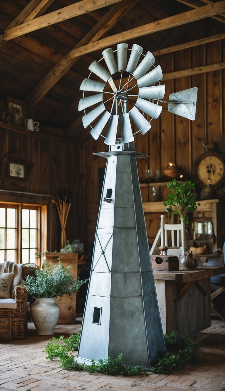 A galvanized metal windmill surrounded by vintage decor and country charm