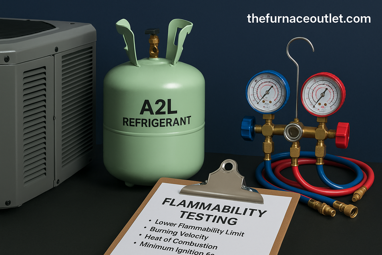 Laboratory-themed HVAC image featuring an A2L refrigerant tank, HVAC unit, manifold gauges, and a clipboard titled “Flammability Testing” with listed criteria, branded with TheFurnaceOutlet.com.