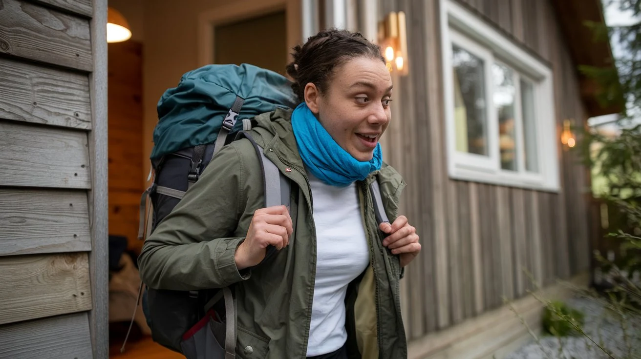 A person stepping out of a house with a backpack, ready for a nature walk, looking excited and motivated.