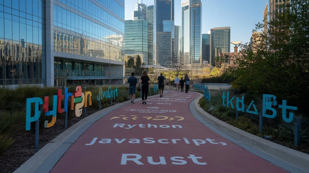 A path lined with coding languages leading to a tech skyline, representing the journey to success in tech jobs for 2024.