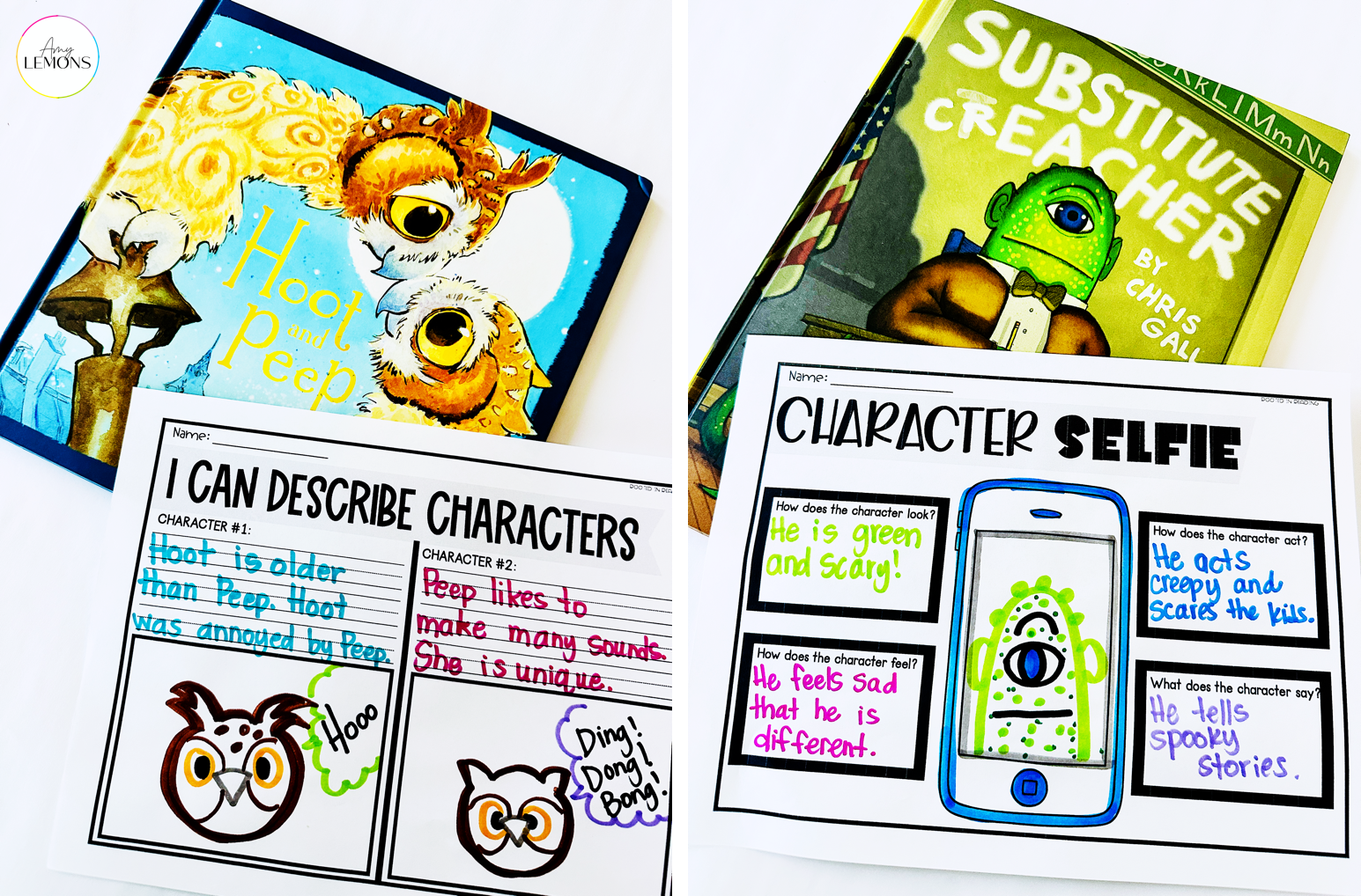 Character trait printables with the books Hoot and Peep and Substitute Creacher