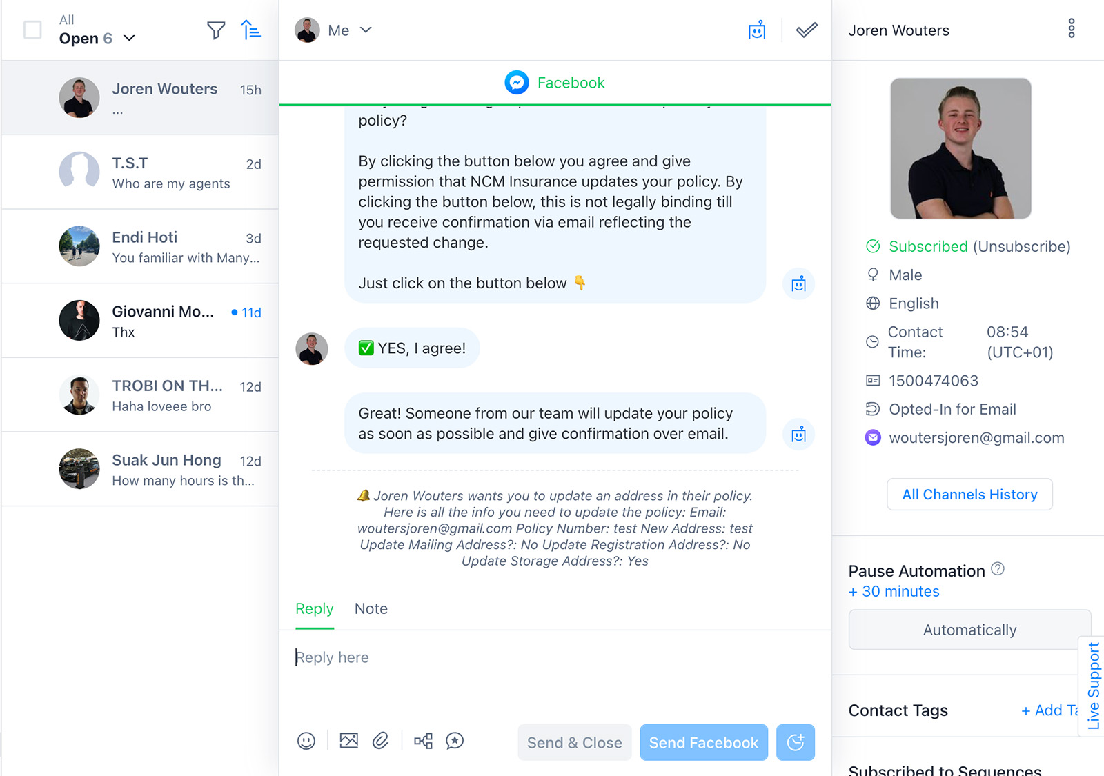 Inbox in Manychat that works as a live chat.