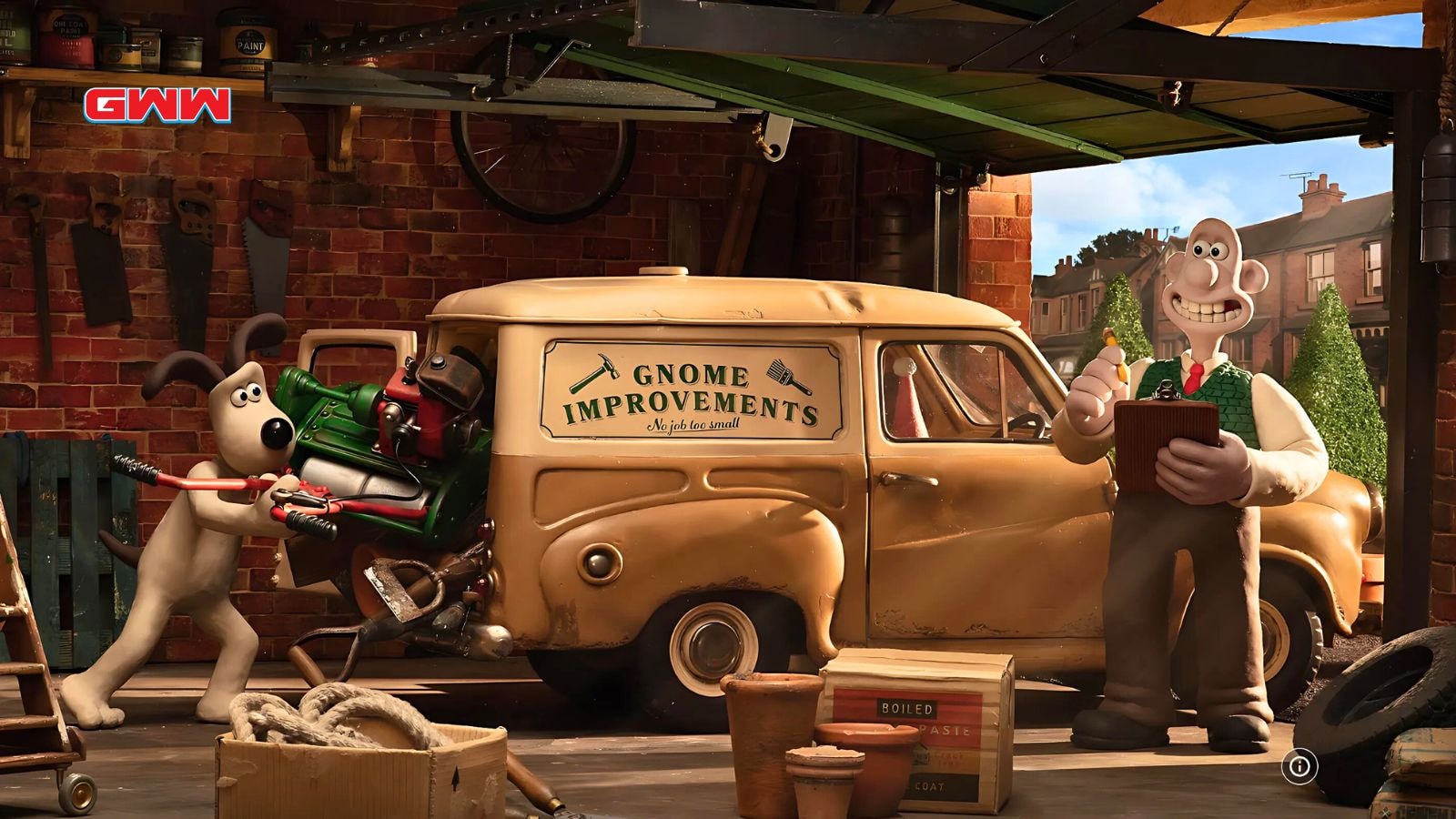 Wallace and Gromit prepare their van for "Gnome Improvements" business.