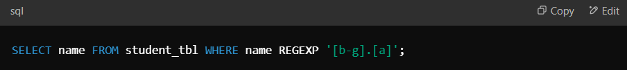  Query to find names with letters "b-g" ending in "a"