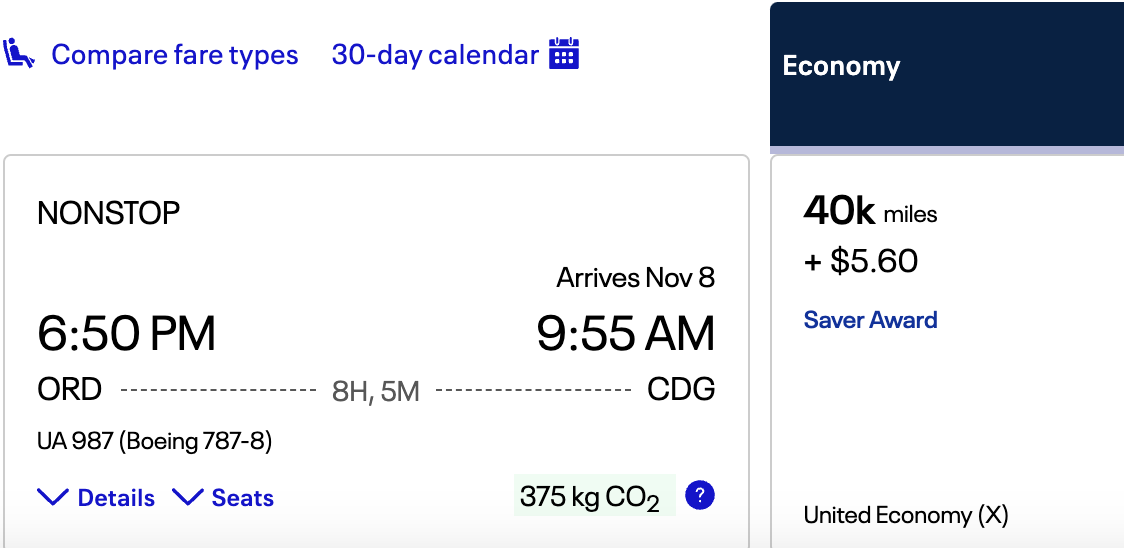 Screenshot of United flight option for Chicago to Paris