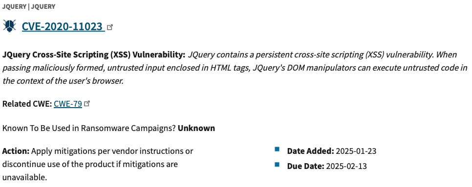 CISA Adds CVE-2020-11023 jQuery Vulnerability to Its KEV Catalog on January 23, 2025