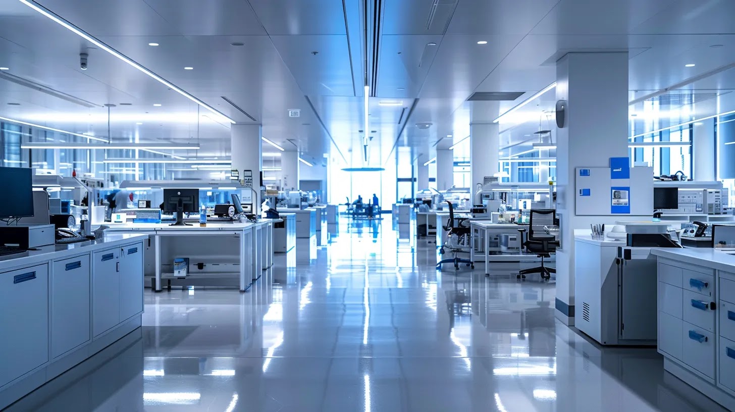 a pristine, modern office environment shines with reflective surfaces and organized workspaces, showcasing intense productivity as professional cleaners efficiently maintain the spotless surroundings.