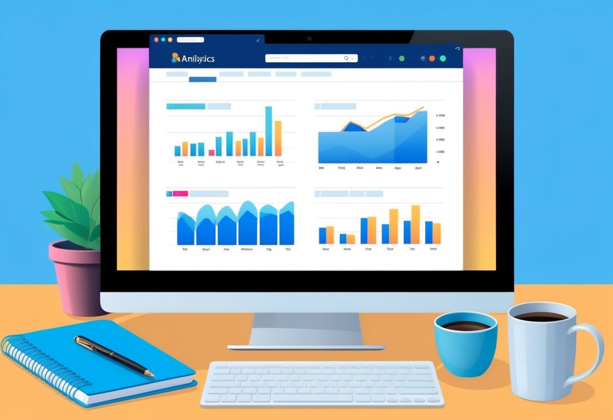 A computer screen displaying a website analytics dashboard with various charts and graphs, surrounded by a notebook, pen, and coffee mug
