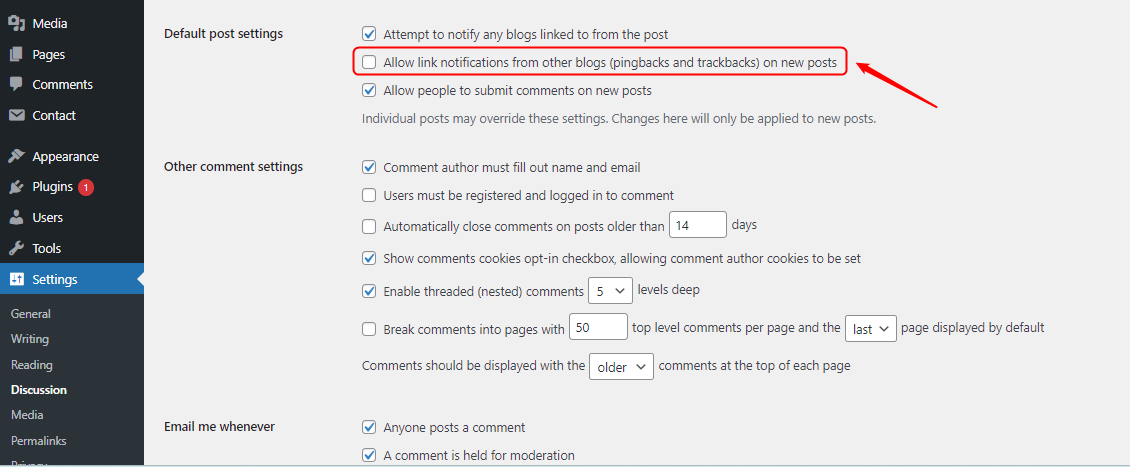 disable trackbacks and pingbacks wordpress 