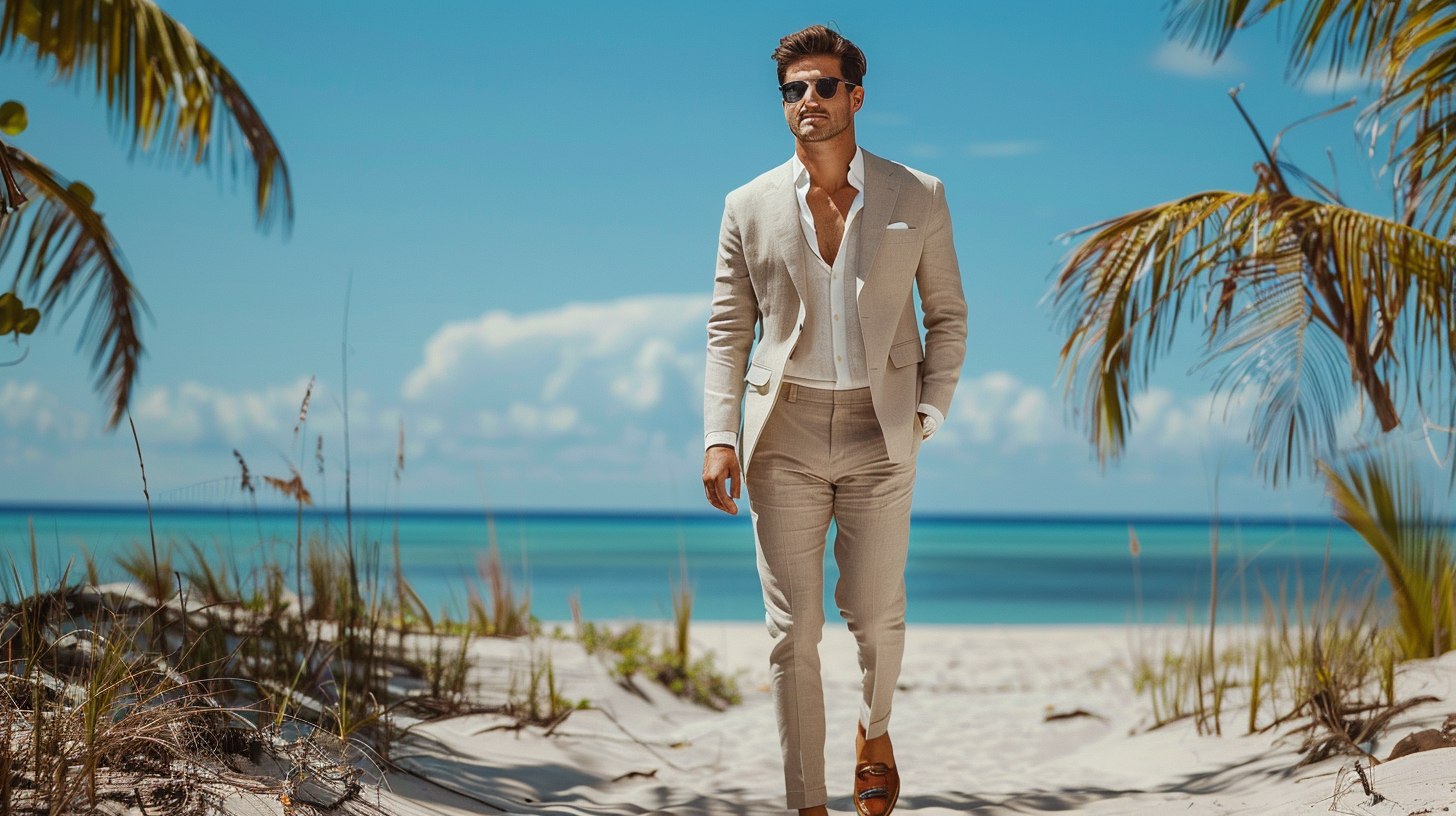 A man at an outdoor beach wedding during the day, wearing a light linen suit in pastel beige, no tie, with a relaxed white shirt and brown loafers, standing on sand with a clear blue sky and tropical backdrop