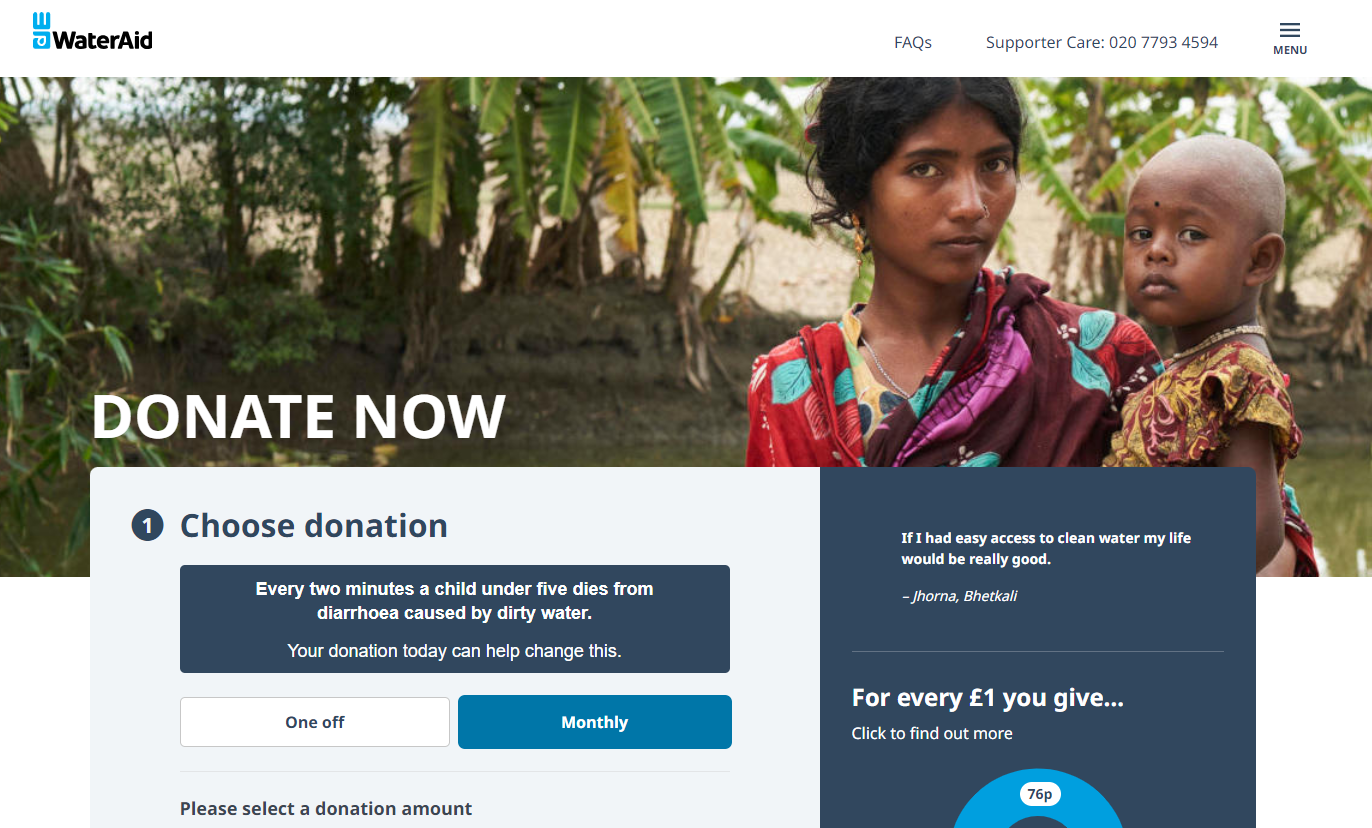 wateraid fundraising landing page