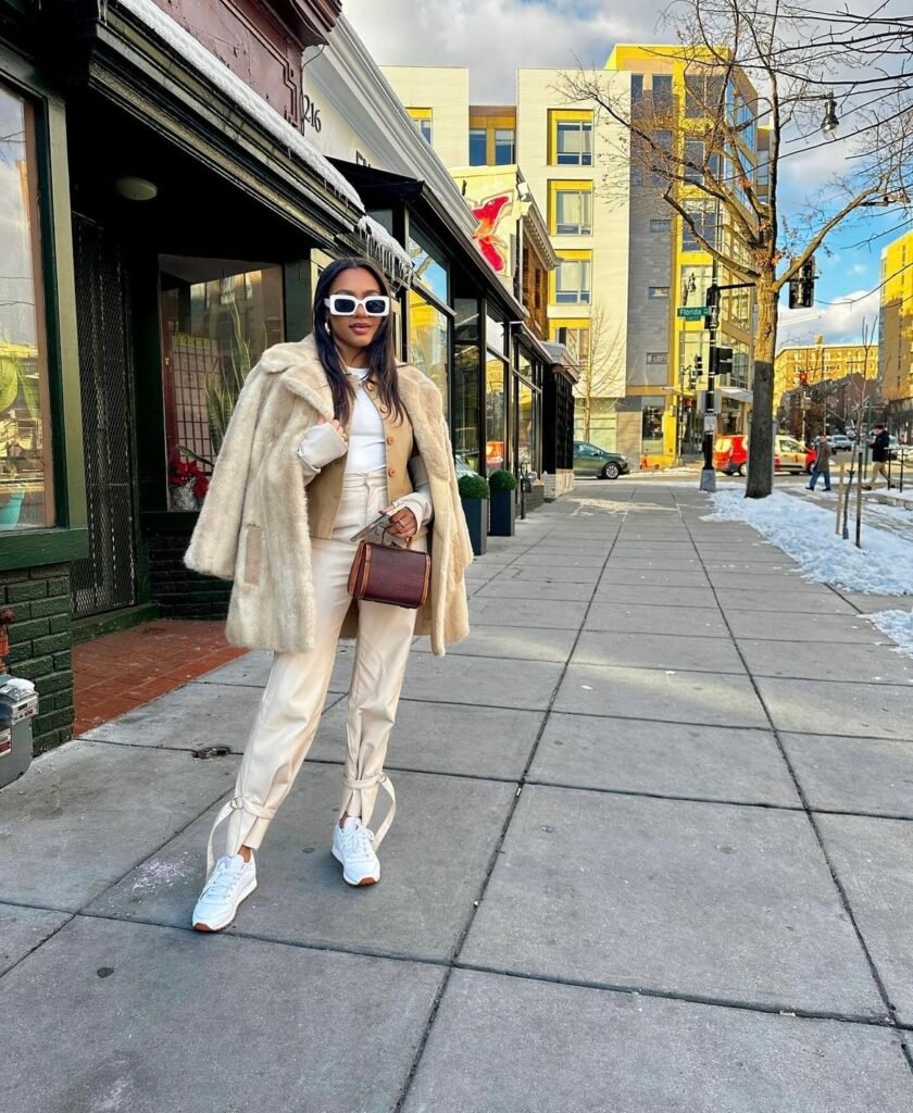 A cream fur coat with jeans and sneakers.