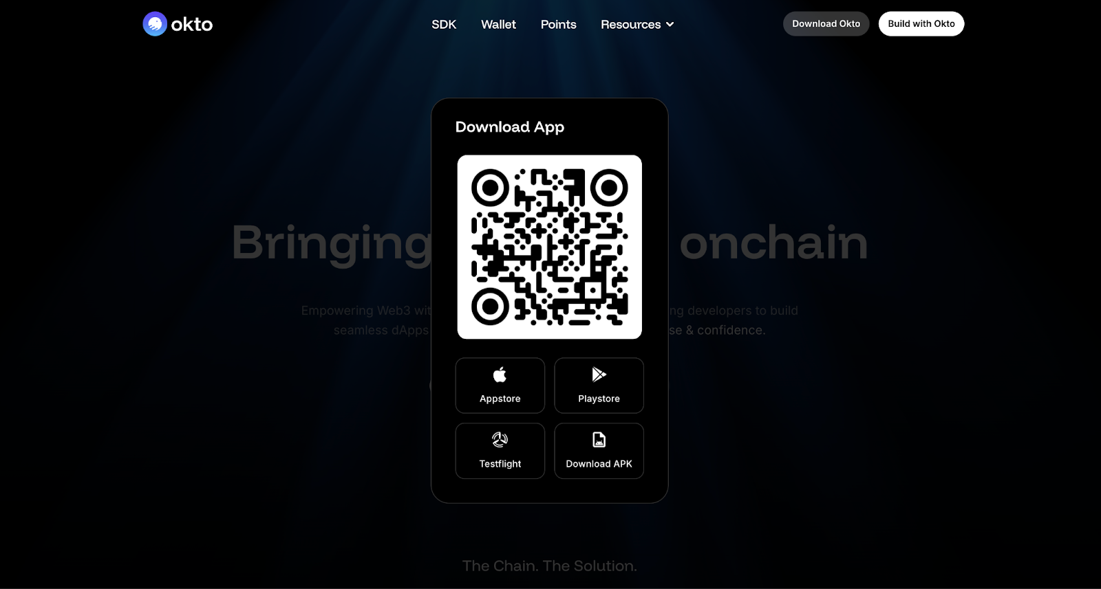 qr code and links for downloading the okto wallet on different platforms