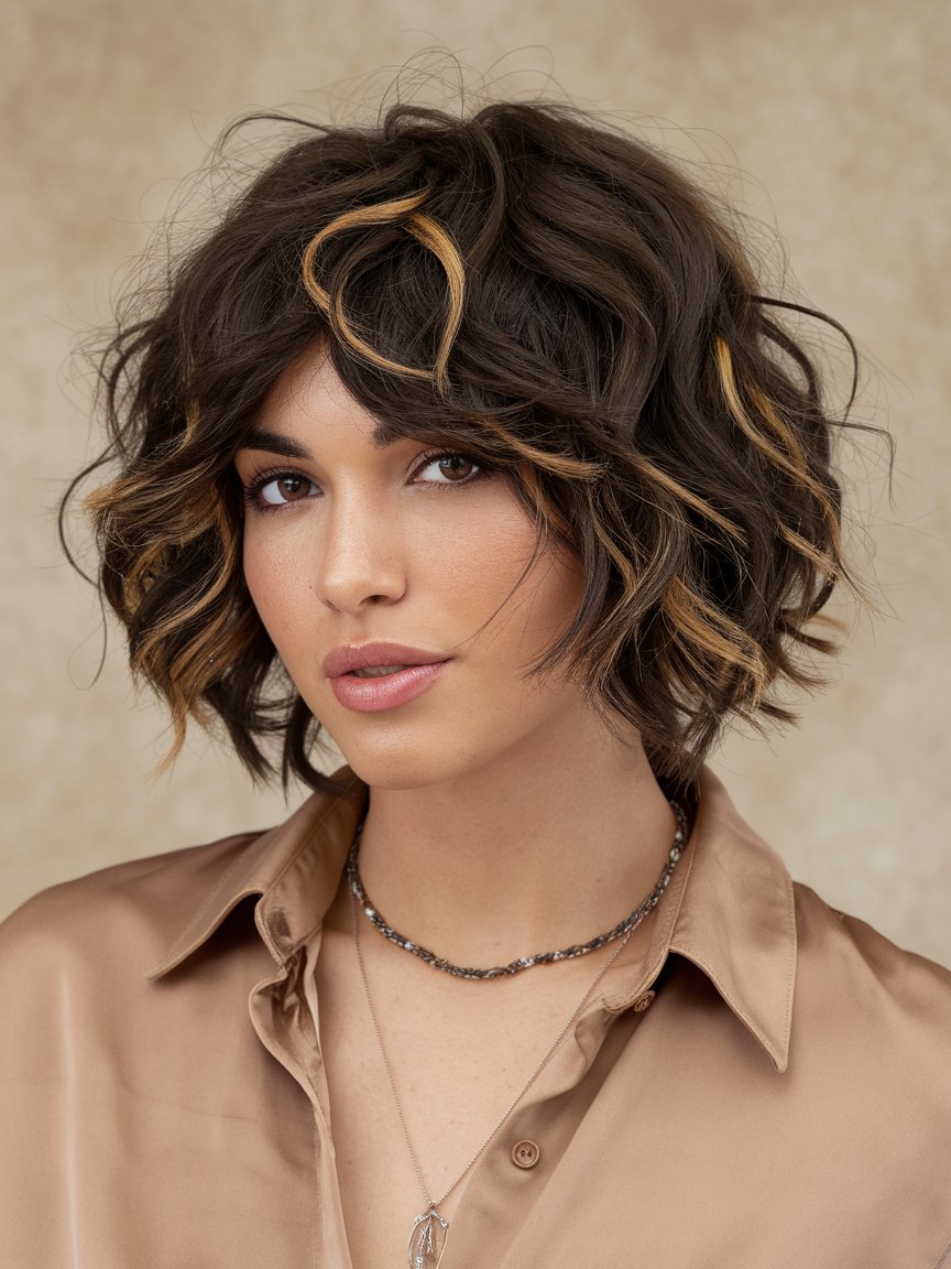 20. Caramel Highlights on Cropped Brown Curly Layers